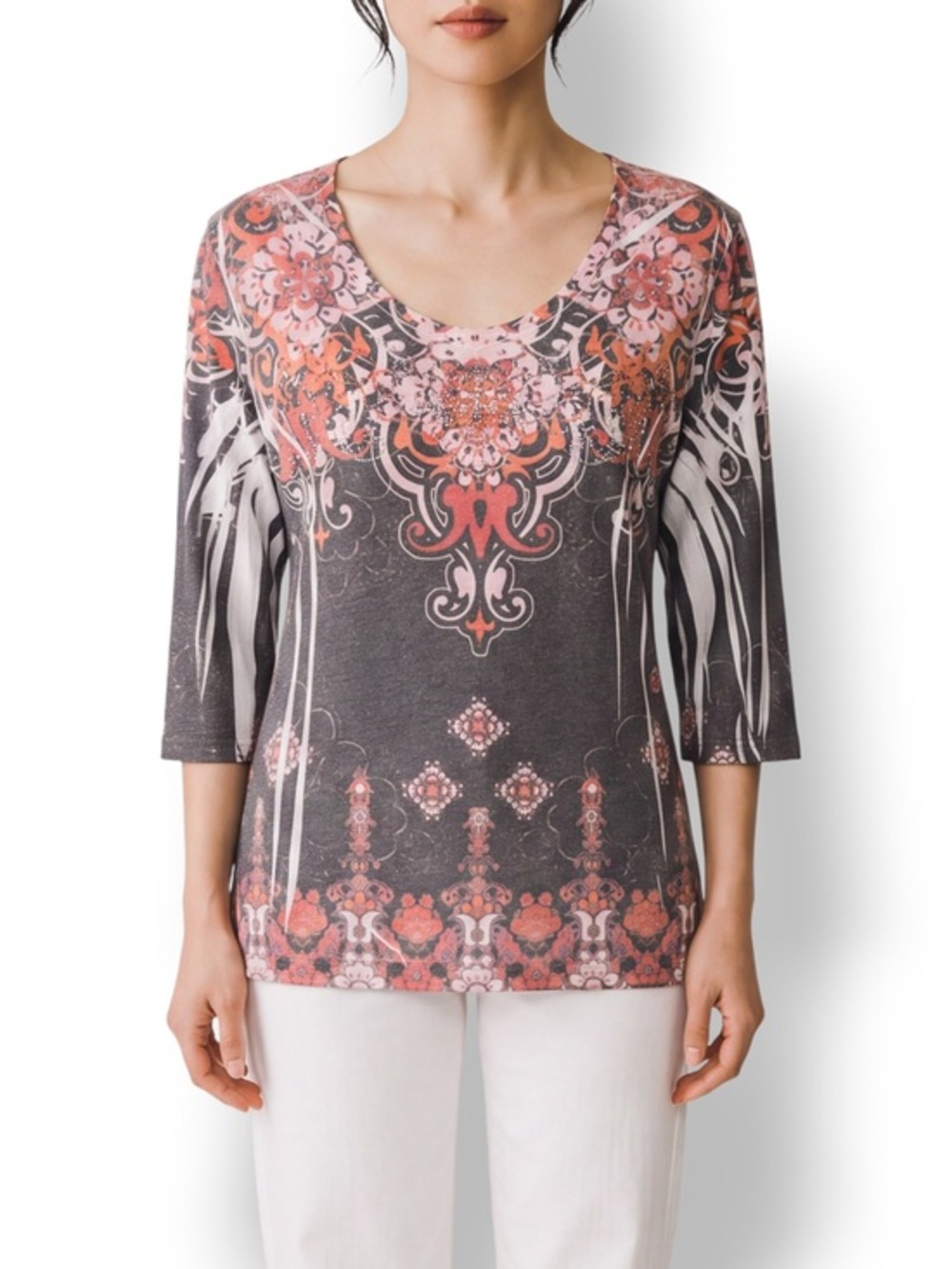 4/$20 Westbound Embellished Medallion Print 3/4 Sleeve Soft Knit Top